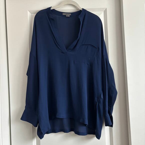 Vince Tops - Vince 100% Silk Navy Blue Long Sleeve Sheer Blouse Sz M Office Deep V